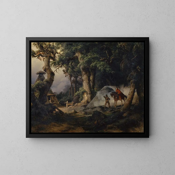 Kohleofen in einem Eichenwald - Karl Friedrich Lessing — gerahmtes Bild an der Wand