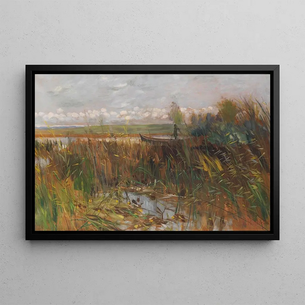 Karl Hagemeister - Mrkische Seenlandschaft mit Entenjger im Kahn stehend.webp