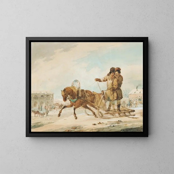 Spaziergang mit Schlitten durch eine russische Stadt - Karl Ivanovich Kollman — gerahmtes Bild an der Wand