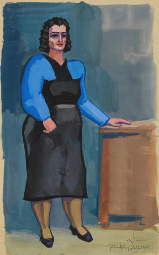Karl Wiener - Ohne Titel Frau in blauer Bluse und schwarzem Kleid.webp