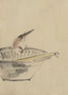 eines Vogels, der auf der Kante einer Schüssel sitzt, den Kopf geneigt und ein Utensil in der Schüssel betrachtend - Katsushika Hokusai — Ansicht des Kunstwerks