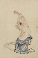 Ein Mann mit nacktem Oberkörper, sitzend im Schneidersitz, Arme über dem Kopf, beim Strecken oder Yoga - Katsushika Hokusai — Ansicht des Kunstwerks