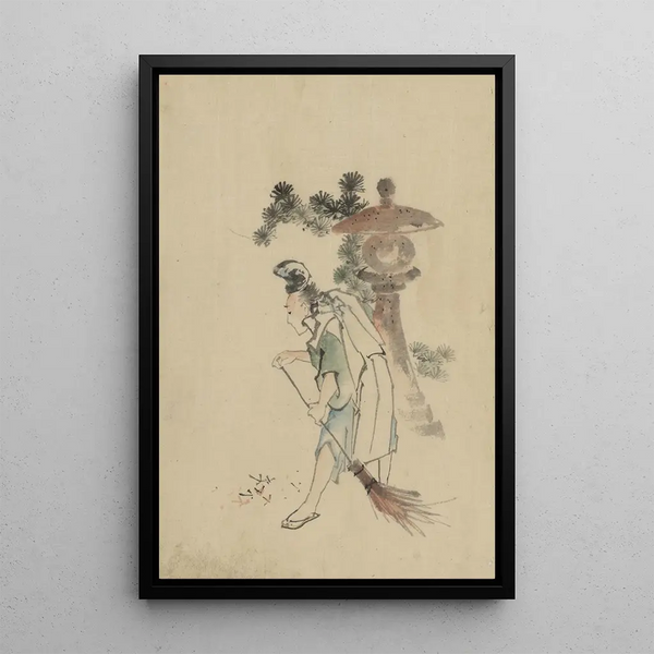 Katsushika Hokusai - A man sweeping pine needles that have fallen from a tree near a stone shrine.webp