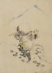 Ein Mann mit einem Kegelhut, einem Strohhut oder Federkleid und Stiefeln, der ein Werkzeug mit langem Griff trägt - Katsushika Hokusai — Ansicht des Kunstwerks