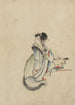 Eine Frau, vielleicht eine Kurtisane, sitzt nach rechts gewandt, den Kopf gedreht, um über ihre rechte Schulter zu schauen, trägt mehrere Haarnadeln - Katsushika Hokusai — Ansicht des Kunstwerks