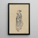 Eine Frau, die nach rechts geht, Ganzkörperporträt, das nach links gewandt ist, trägt einen Kimono und Geta - Katsushika Hokusai — gerahmtes Bild an der Wand