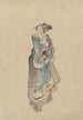 Eine Frau, die nach rechts geht, Ganzkörperporträt, das nach links gewandt ist, trägt einen Kimono und Geta - Katsushika Hokusai — Ansicht des Kunstwerks