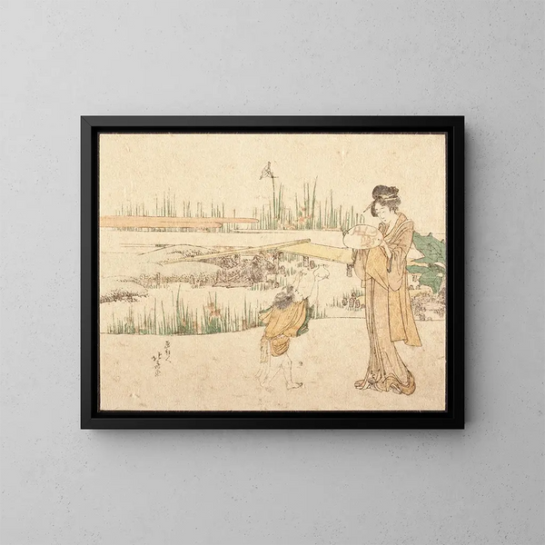 Frau und Kind in einem Garten, Fragment des Fisches Verkäufers - Katsushika Hokusai — gerahmtes Bild an der Wand