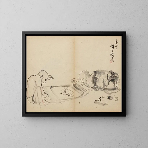 Betrachtend ein Gemälde - Kawanabe Kyōsai — gerahmtes Bild an der Wand