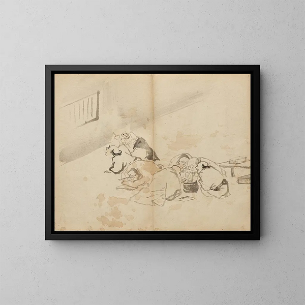 Des Menschen beim Essen und Lesen - Kawanabe Kyōsai — gerahmtes Bild an der Wand