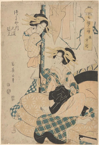 Kikukawa Eizan - Geisha Seated on Cushions pipe in hand another woman looking on from door.webp