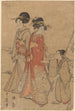 Zwei Frauen, die in der Nähe eines Bachs gehen, geführt von einem Jungen - Kitagawa Utamaro — Ansicht des Kunstwerks