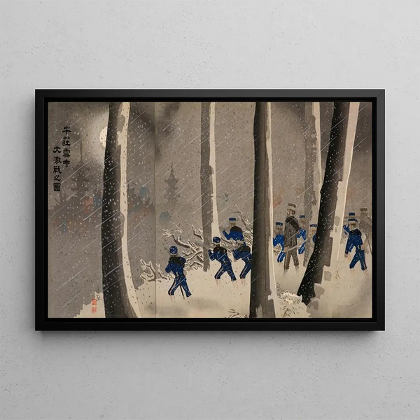 Großes Gemälde mit heftiger Schlacht im Schnee bei Niuzhuang - Kobayashi Kiyochika — gerahmtes Bild an der Wand