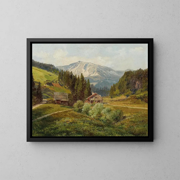 Aussicht auf eine Alm mit dem Schneeberg im Hintergrund - Konrad Petrides — gerahmtes Bild an der Wand