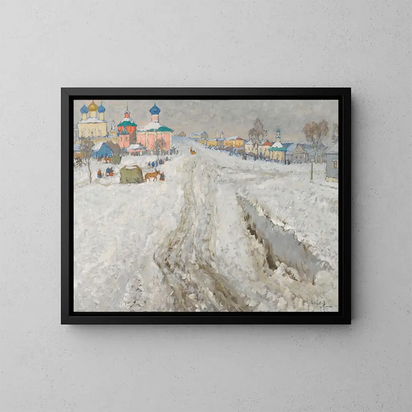 Stadtbild Russische Stadt unter Schnee - Konstantin Ivanovich Gorbatov — gerahmtes Bild an der Wand