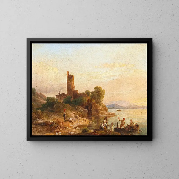 Italienisches Landschaftsgemälde mit Fischern am See - Károly Markó — gerahmtes Bild an der Wand