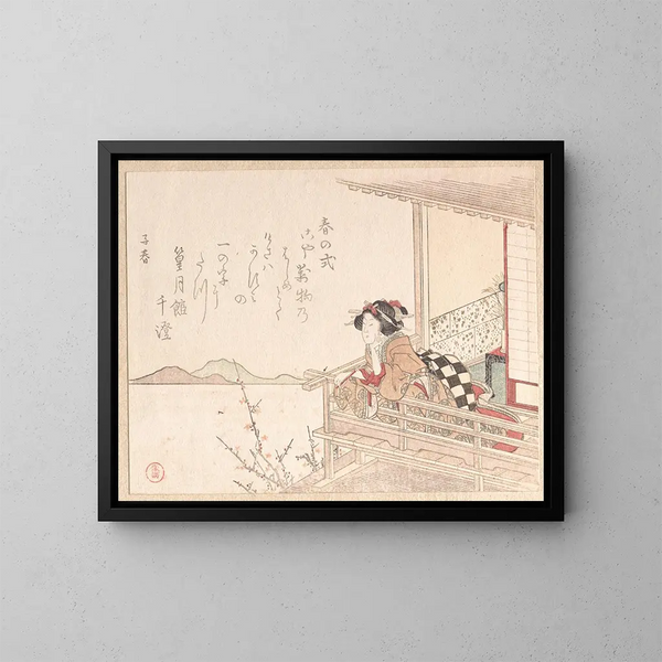 Courtisane, die sich auf die Balustrade einer Veranda stützt - Kubo Shunman — gerahmtes Bild an der Wand