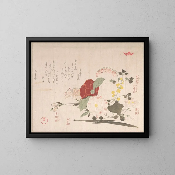 Blumenstrauß: Klematis, Klee-Strauch, Iris, Kamelie und Azalee - Kubo Shunman — gerahmtes Bild an der Wand