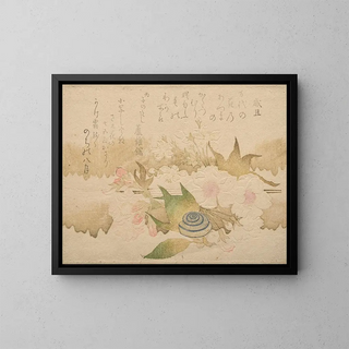 Gedichte des Neujahrs, Schnecke und Kirschblüten - Kubo Shunman — gerahmtes Bild an der Wand