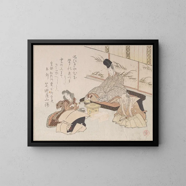 Nobles Gemälde, das ein humoristisches Kyōka-Gedicht von Shibanoya Sanyō, Meister des Kyōka, empfängt - Kubo Shunman — gerahmtes Bild an der Wand
