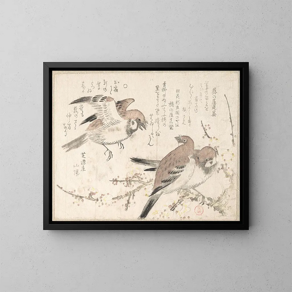 Moineaux et fleurs de prunier - Kubo Shunman — gerahmtes Bild an der Wand