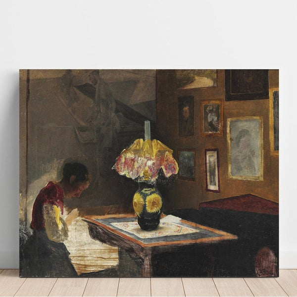 Reproduktion des Gemäldes L-Kunstdruck der Künstlerin Sigrid beim Nähen im Licht der Lampe - Laurits Andersen Ring