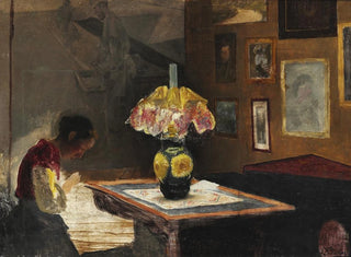 Laurits Andersen Ring - Kunstnerens hustru Sigrid syende ved lampelys Karrebksminde.webp