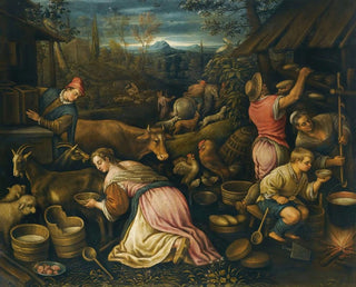 Leandro Bassano - Spring  A Village Scene With Peasants Milking Goats And Baking Bread.webp