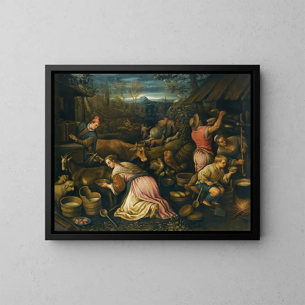Frühling Gemälde, eine Dorfszene mit Bauern, die Ziegen behandeln und Brot backen - Leandro Bassano — gerahmtes Bild an der Wand