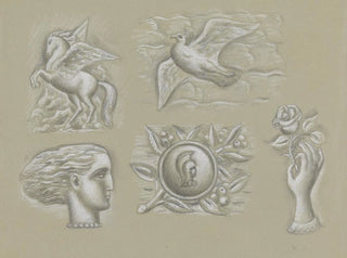 Leo Gestel - Ontwerpen voor een watermerk van een bankbiljet Pegasus duif vrouwenhoofd wapen en hand met roos.webp