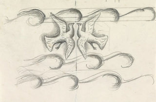 Leo Gestel - Ontwerpen voor een watermerk van een bankbiljet Twee duiven vliegend boven de golven.webp