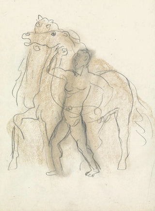 Leo Gestel - Schetsblad met man die twee paarden in bedwang houdt.webp