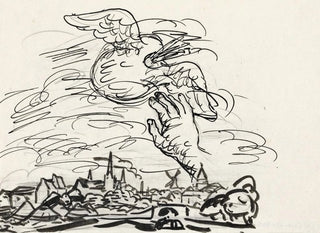 Unbenanntes Gemälde, Skizze einer Vignette für die Biografie von Gestel von Van der Pluym, Blick auf Woerden mit einer Hand, die zu einer geflügelten Palette ausgestreckt ist - Leo Gestel — Ansicht des Kunstwerks