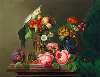 Leopold Brunner the Elder - Still Life with Roses Fruit Cockatiel and Stag Beetle.webp