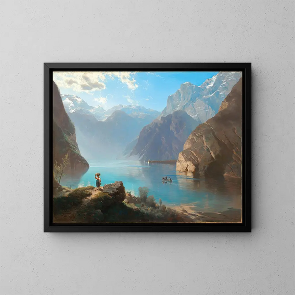 Eine Szene am Königssee mit St. Bartholomä - Leopold Heinrich Vöscher — gerahmtes Bild an der Wand