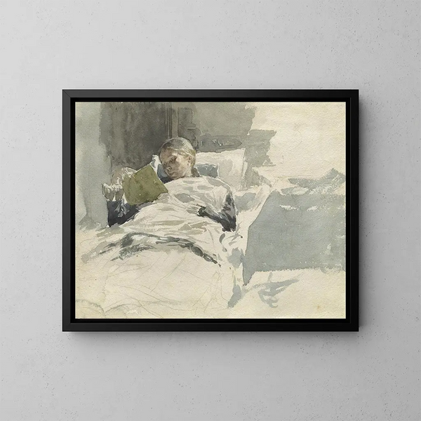 Die Frau des Künstlers beim Lesen im Bett - Leopold von Kalckreuth — gerahmtes Bild an der Wand