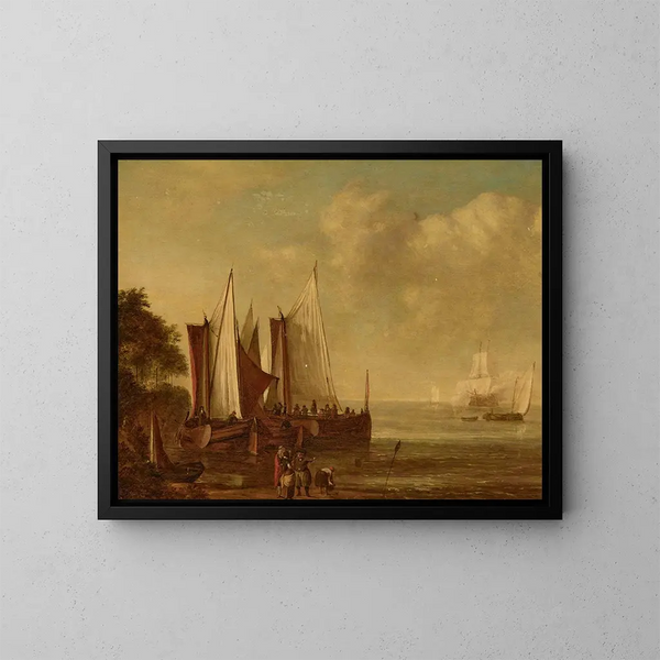 Segelboote vor der Küste mit Figuren - Lieve Pietersz Verschuier — gerahmtes Bild an der Wand