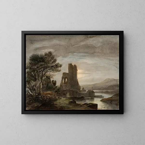 Landschaft bei Nacht mit Ruinenkloster - Lluís Rigalt — gerahmtes Bild an der Wand