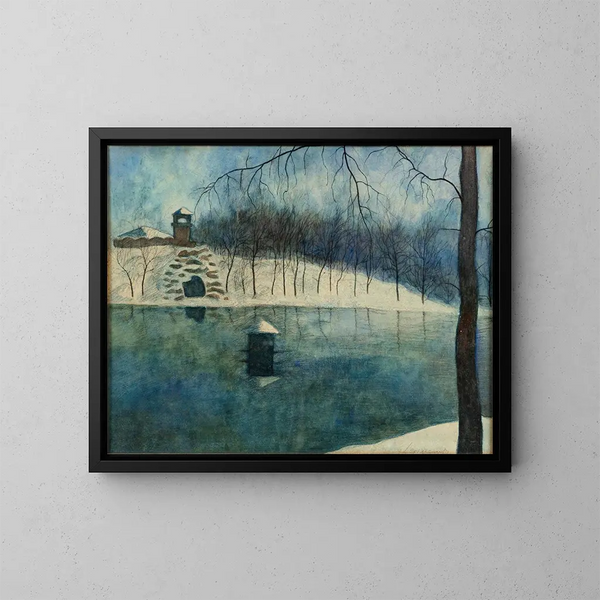 Der Leopoldpark von Ostende mit dem Teich und dem Trinkhall im Schnee - Léon Spilliaert — gerahmtes Bild an der Wand