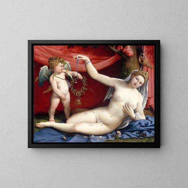 Venus und Amor - Lorenzo Lotto — gerahmtes Bild an der Wand