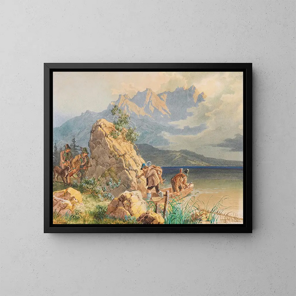 Jäger und Wilderer am Eibsee bei der Zugspitze - Lorenzo Quaglio — gerahmtes Bild an der Wand