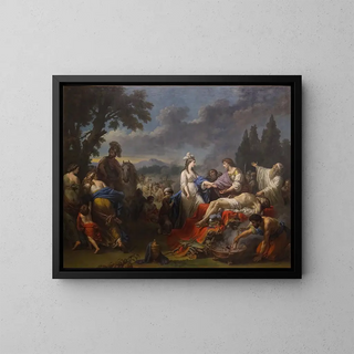 Die beiden Witwen eines Indianerhäuptlings, die um die Ehre des Scheiterhaufens streiten - Louis-Jean-François Lagrenée — gerahmtes Bild an der Wand
