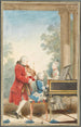 Portrait von Wolfgang Amadeus Mozart Salzburg 1756-Wien 1791, der in Paris mit seinem Vater Jean-Georg-Léopold und seiner Schwester Maria-Anna spielt - Louis Carrogis Carmontelle — Ansicht des Kunstwerks