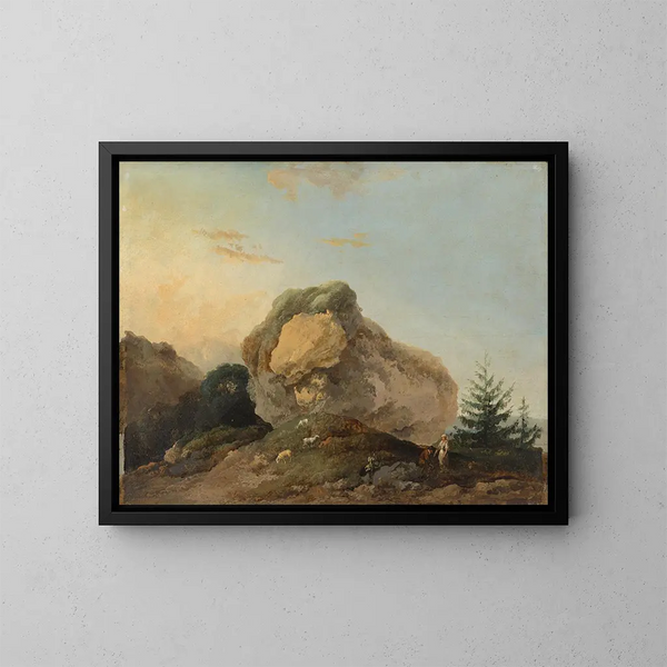 Ein sanft geschwungenes Landschaftsgemälde mit einem großen Felsen, einem Hirten und einer Hirtin mit ihrer Herde - Louis Gabriel Moreau — gerahmtes Bild an der Wand