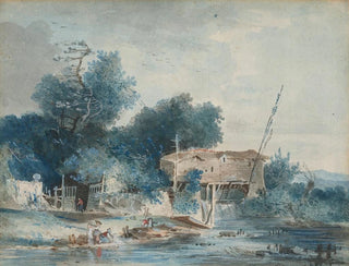 Louis Gabriel Moreau - A river landscape with washerwomen by a mill.webp
