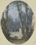 Landschaft eines Parks mit großen Bäumen und einer Steinstraße in MidField - Louis Gabriel Moreau — Ansicht des Kunstwerks