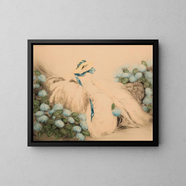 Dame aux fleurs bleues - Louis Icart — gerahmtes Bild an der Wand