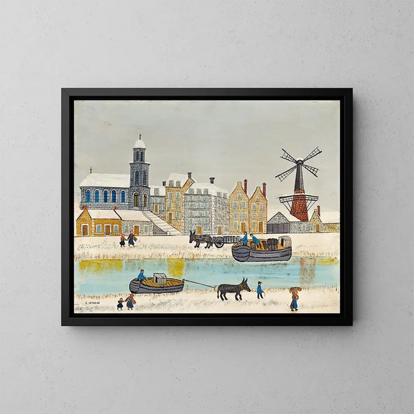 Stadt mit Mühle am Kanal im Winter - Louis Vivin — gerahmtes Bild an der Wand