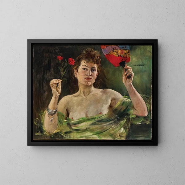 Mädchen mit einem Fächer und Nelken - Lovis Corinth — gerahmtes Bild an der Wand