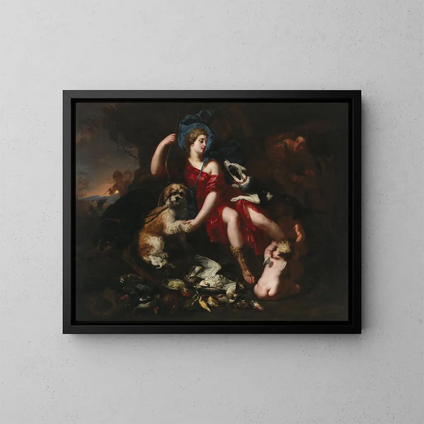 Diane ruhend mit ihren Jagdhunden und Putti - Lucas Franchoys der Jüngere — gerahmtes Bild an der Wand